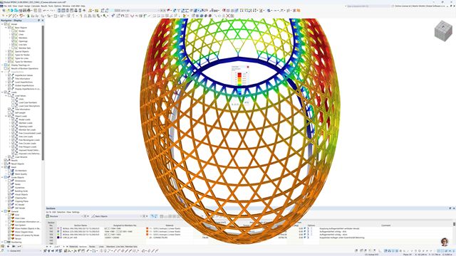 Esta imagen muestra una captura de pantalla de un software de análisis estructural RFEM, posiblemente utilizado para ingeniería civil o arquitectura. The main view shows a 3D model of a multi-colored, toroidal lattice structure, where each color likely represents different stress values or materials.
